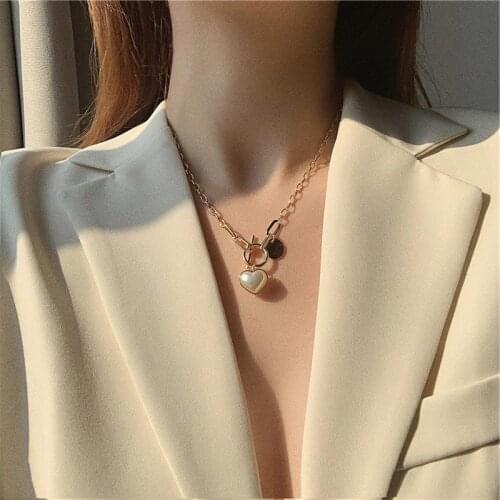 Vintage White Simulated Pearl Heart Pendant Necklaces for Women Girl Gold Color Linked Chain Geometric Chokers Necklace Jewelry