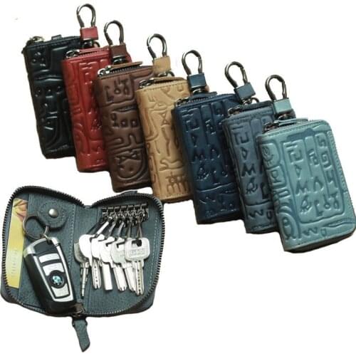 Emboss Cowhide Smart Key Chain Ring Vintage Genuine Leather Men Keychains Covers For Car Keys Male Home Door Key Case Protector