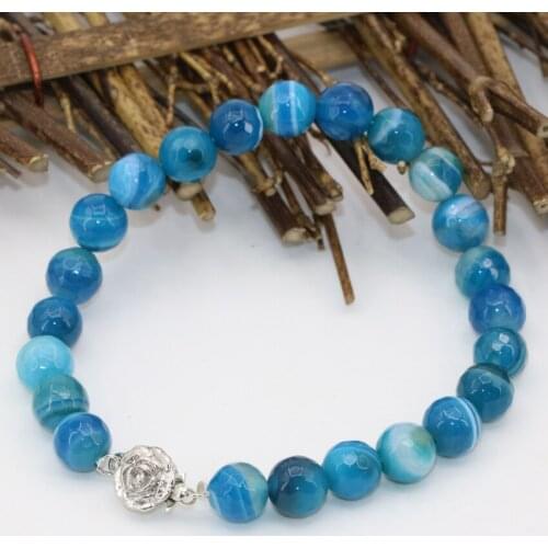 Exquisite flower clasp bracelets 8mm blue natural stone carnelian onyx veins agat faceted round beads women jewelry 8inch B2713