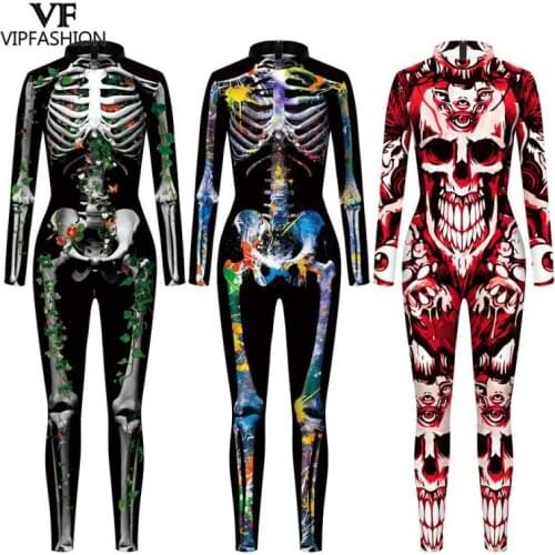 VIP FASHION Halloween Costume For Women Skull Skeleton Printed Cosplay Costumes Zentai Suit Sexy Carnival Party Purim Bodysuit