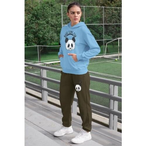 Angemiel Wear Make Some Fun Panda Women 'S Tracksuit Set Blue Hooded Sweatshirt Green Sweatpants