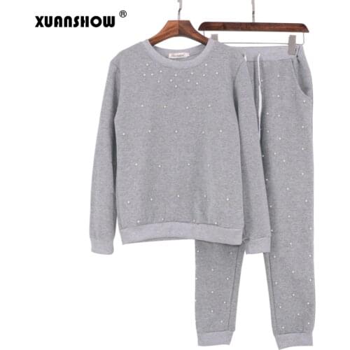 XUANSHOW 2020 Fashion Spring Autumn Women Set Pearl Beading Sweatshirt and Pant 2 PCS Long Sleeve Pullovers Womens Tracksuits