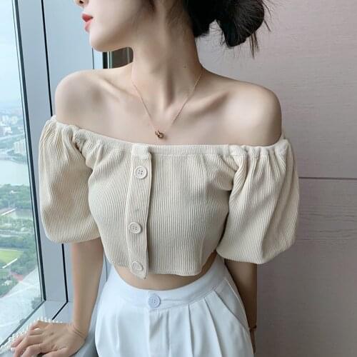 Sexy Slash Neck Top T-Shirt Women New Fashion Spring Autumn Female Elegant Crop Top Party Solid Color Soft Elastic Slim Clothing