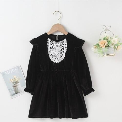 Winter 2021 New Arrivals Girls Dress Velvet Long Sleeve O Neck Lace Black Solid Bodycon Cute Streetwear Dresses Vestidos 18M-6T