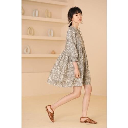 2021 Summer New Arrival Offcie Lady Vintage Floral O-Neck Collar Dress Slim Elegant Temperament Small Woman