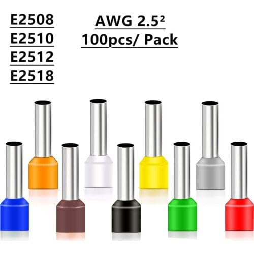 100pcs E2508 E2510 E2512 E2518 Insulated Ferrules Terminal Block Cord End Wire Connector 2.5mm2,Crimp Terminator
