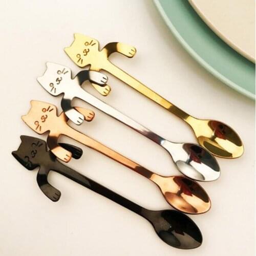 2 Pcs Stainless Steel Cartoon Cat spoons Creative Ice Cream Dessert Long Handle Coffee&Tea Spoon Tableware Kitchen Tool 4 Colors