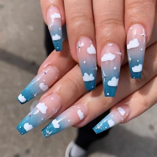 24Pcs Sky Blue Cloud Gradient Rhinestone Design False Nail French Stiletto Full Cover Fake Nails DIY Manicure Nail Art Tools
