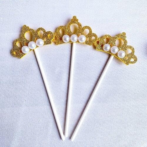 3PCS/SET Shiny Crown Pearl Birthday Party Decorations Cupcake Toppers Picks,Boys Baby Shower Party Cake Accessory