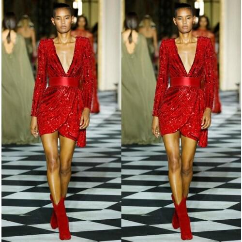 Sparkly Red Short Prom Dresses Deep V Neck Lace Sequins Sexy Mini Evening Dress Custom Made Long Sleeve Robes De Mariée