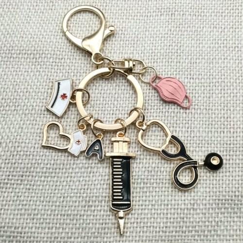New Dripping Oil Keychain Doctor Medical Tool Stethoscope Syringe Mask Key Ring Nurse Medical Student Gift Keychain 26 Letters