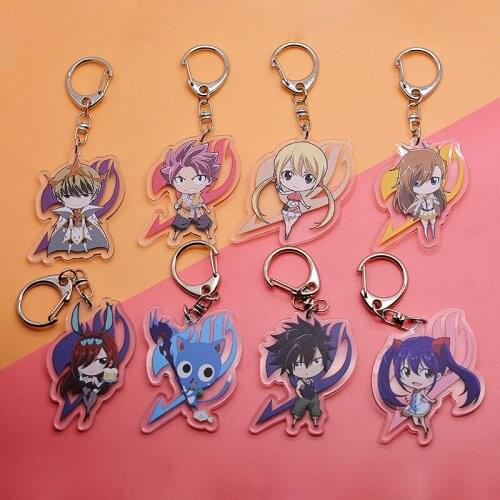 Anime FAIRY TAIL Key Chains Lucy Heartfilia Happy Cosplay Acrylic Double-sided Kawaii Keyring KeyChain Pendant Props