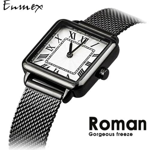 2021 Ladies gift women black watch Enmex simple steel strap black square clock grace quartz fashion wristwatch