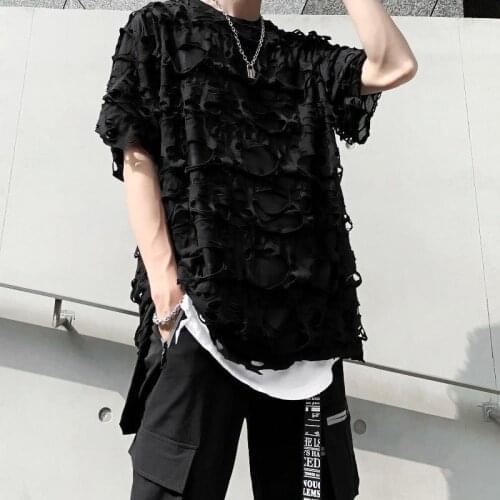 Hip hop hole t-shirt mens youth loose transparent T-shirt dark trend half sleeve performance street style 2XL