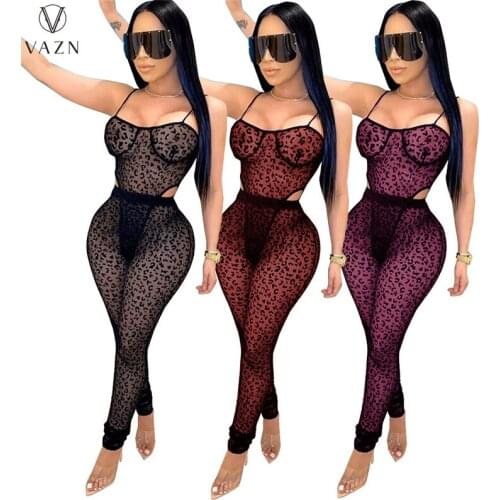 VAZN 2020 Hot Print Mesh Fabric Women Sleeveless Set Tracksuit Sexy Suit Two Piece Set Sport Running Lady Sets