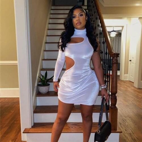 Hirigin White Velour Bodycon Dresses for Women Sexy Clubwear Birthday Party Hollow Out One Long Sleeve Mini Dress 2021