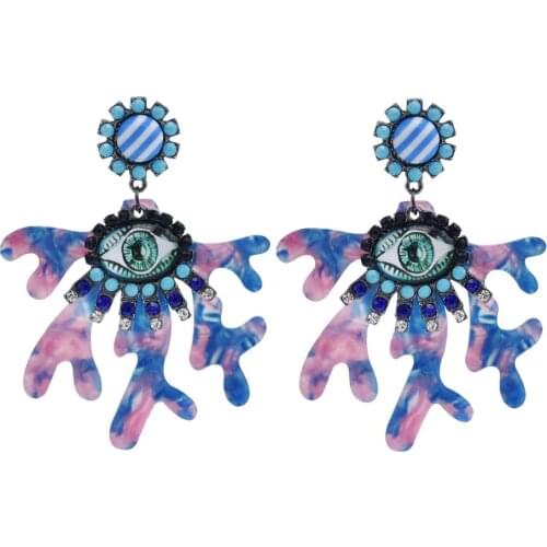 Creative Yellow Blue White Coral Eye Shape Drop Earrings for Women Bohemian Exaggerated Acrylic Rhinestone Party Jewelry Gift