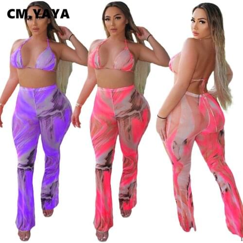 CM.YAYA Women Swimsuits Mesh Print Sleeveless Halter Bandage Tops High Waist Sheath Elastic Flare Pants Two Piece Set Beachwear