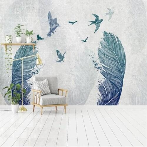 Milofi Nordic minimalist watercolor feather bird TV background wall bedroom wallpaper mural