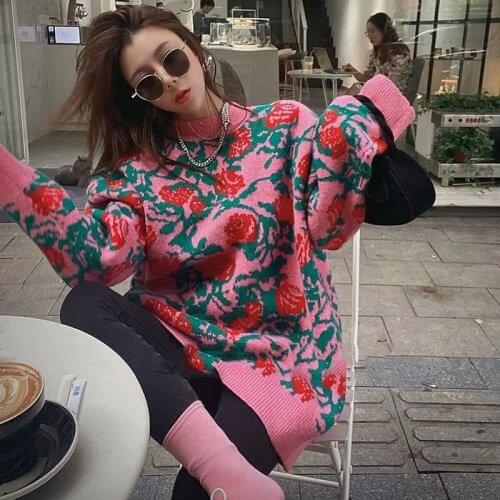 New Retro rose jacquard sweater with loose and thick sweater