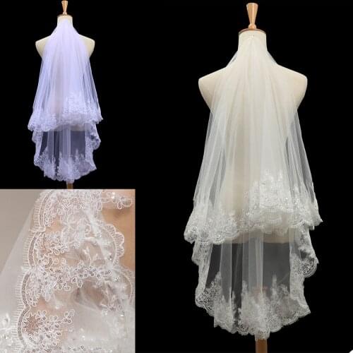 Simple White Ivory Wedding Veils One Layer Sequins Lace Appliques Short Wedding Prom Bridal Shawl Wraps Accessories with Comb