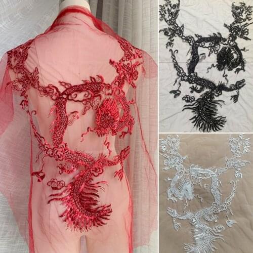 Luxury Black Mesh Embroidered Beading Sequins Xiangyun Dragon Dress Back Lace Applique Fabric RS2956