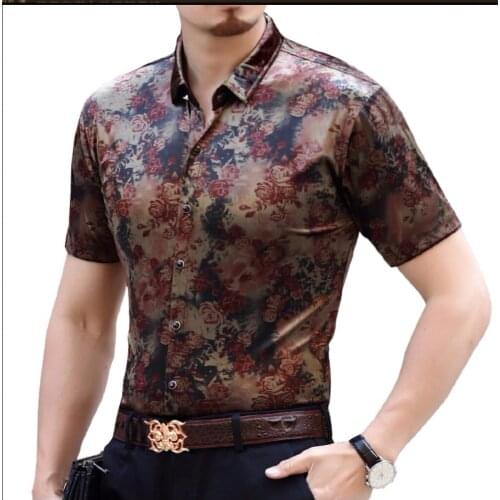 S-4xl Hot Mens Summer New Silk Short Sleeve Shirt Casual Gold Velvet Slim Silk Shirt Business Printing Shirts Hairstylist Top