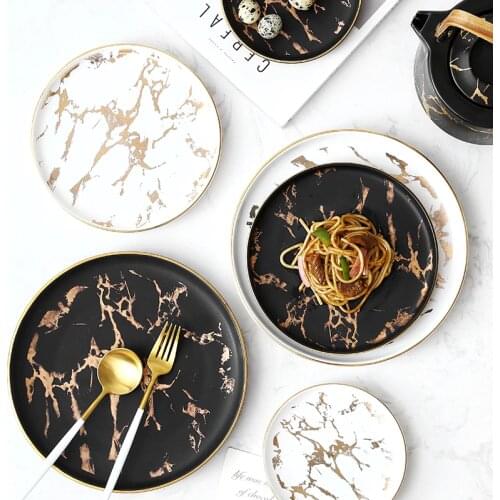 Nordic Salad Plate Golden Inlay Dinner Dish Marble Pattern Steak Plates Home Hotel Ceramic Food Dishes Tray Drop Shipping