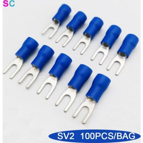 SV2 Series Blue Furcate Connector 100PCS/PACK Fork Insulated Cold Wire Terminals Fork Type AWG16-14 Splice Pressed Crimp Joint