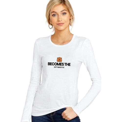 SXYTXE Women Basic Long Sleeve Crew Neck OPTIMISTIC Printed T-Shirt Casual Fitted Cotton Tops