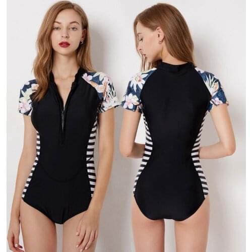 Womens Front Zip Rash Guard Short Sleeve Floral UV Rashguard One Piece Swimsuit Swimwear Sun Bathing Suits Beachwear