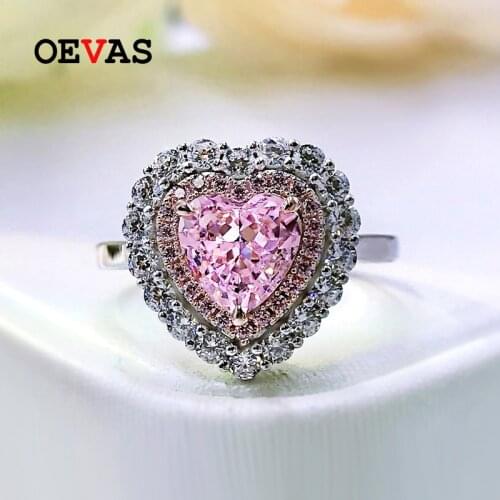 OEVAS 100% 925 Sterling Silver 7*7mm Pink High Carbon Diamond Heart Rings For Women Sparkling Wedding Party Fine Jewelry Gift