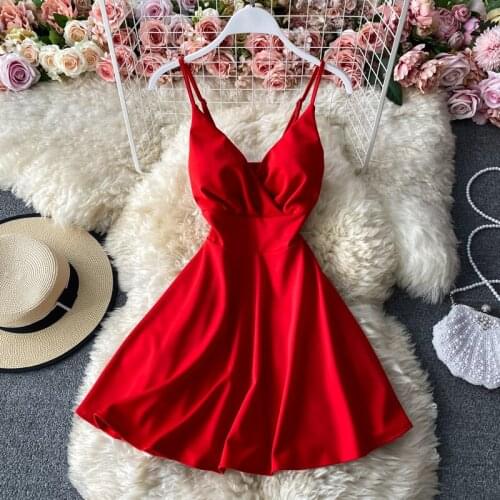 FMFSSOM 2021 Summer Red Spaghetti Strap Short Prom Dress Women Sexy V-Neck Club Party Mini Backless White Robe Y2k