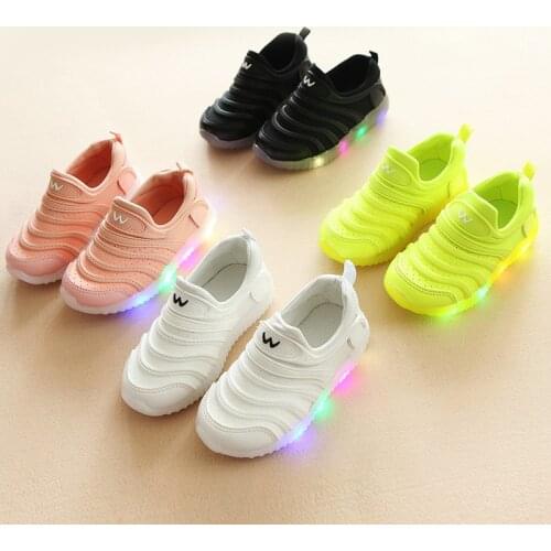 2021 Spring New Boys and Girl Sneakers Mesh Surface Hollowed Caterpillar Luminous Light Shoes Korean Shoes Kids Fashion Sneakers