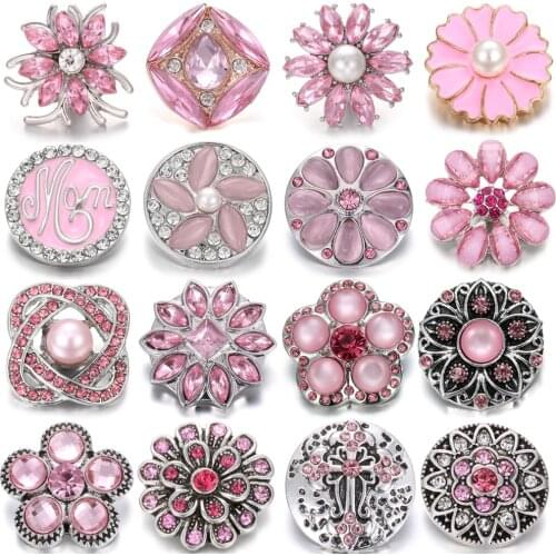 5pcs/lot Snap Jewelry Wholesale Pink Rhinestone Flower 18mm Snap Buttons Jewelry Fit 20mm18mm Leather Snap Button Bracelet