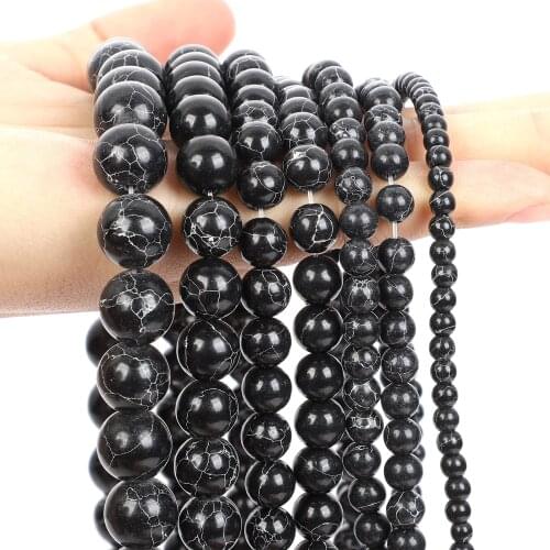 Natural Stone Beads Smooth Black Turquoises Minerals Round Loose Bead For Jewelry Making DIY Bracelet Necklace Strands 4-12MM