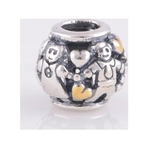 Two Tone Happy Family Heart Charm Beads Fits Pandora Bracelets Authentic 925 Sterling Silver Boy&Girl Family Charm Diy Jewelry