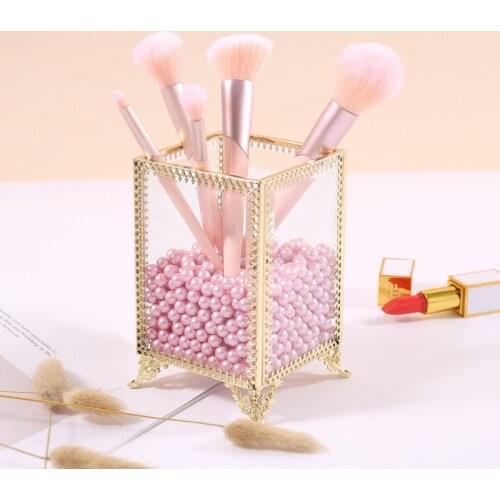 Geometric Glass Makeup Brush Box Holder Jewelry Box Pencil Bucket Make up Organizer Desktop Cosmetic Storage Box Pearl Barrel