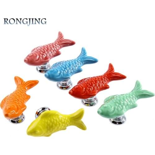 2pcs Ceramic Cabinet Knobs Fish Cupboard Handles Kids Furniture Drawer Knobs Handle Kitchen Cabinet Pulls Hand-painted Country