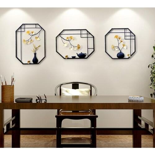 Chinese Room Wall Decoration Ginkgo Biloba Simulation Teapot Vase Hanging Ornaments Iron Backdrop Display Vintage Home Decor