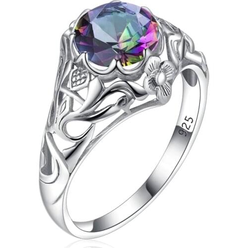 Szjinao 925 Ring Mystic Topaz Sterling Silver Rings Boho Flower Carve Round Engagement Ring Silver 925 Gemstones Jewelry Factory