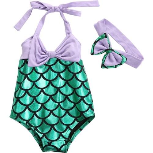 Baby Girl Swimwear Toddler Kids One Piece Swimsuit Bowknot Jumpsuit Bathing Suit+Heaband Children Halter Swimming Costume