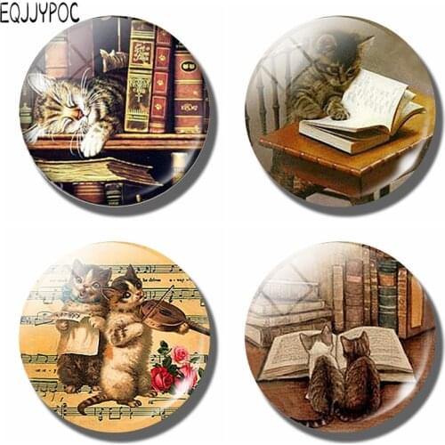 Cute Cat with Books Refrigerator Magnet Kitten 30MM Glass Dome Fridge Memo Magnetic Stickers Cute Home Decor Kitchen Accessories