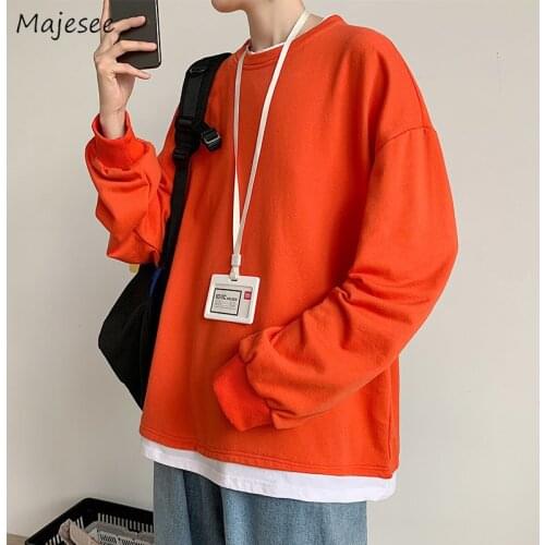 Men No Hat Hoodies Fake Two Pieces Winter Thicken BF Sweatshirts Patchwork Pullover Warm Casual All-match Korean Style Outwear
