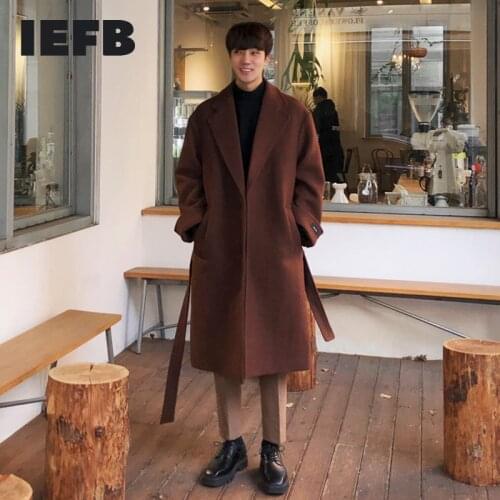 IEFB Mens Korean Woollen Coat Autumn Winter Thickened Medium Long Woolen Jacket 2021 New Fashion Single Breast Coats With Belt