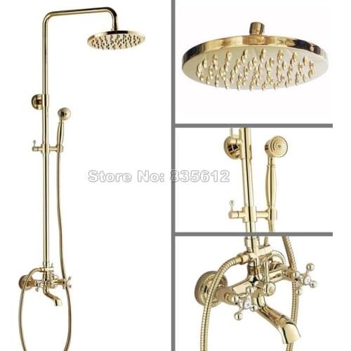 Bathroom Wall Mounted Gold Color Brass 8" Round Shower Head + Handheld Shower / Rain Shower Faucet Set Bathtub Mixer Tap Wgf342