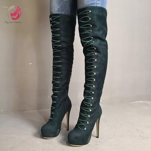 Original Intention Elegant Woman Winter Over Knee High Boots Green High Platform Thin High Heels Long Boots Dress Shoes Woman
