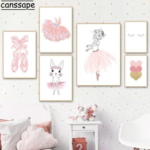 Ballet Girl Nursery Wall Art Canvas Pictures Baby Rabbit Poster Painting Pink Shoes Dress Prints Poster Nordic Kids Room Decor