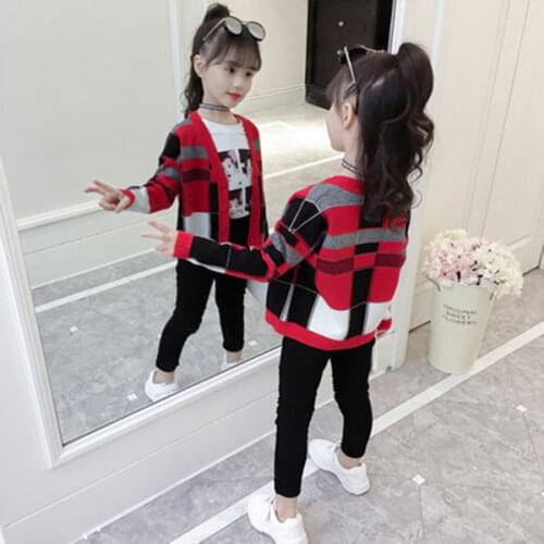 Girls Casual Plaid Knitted Sweaters Spring Fall Childrens Dress Kids Knitwear Clothes Child Color-Blocking Cardigan Jacket B391