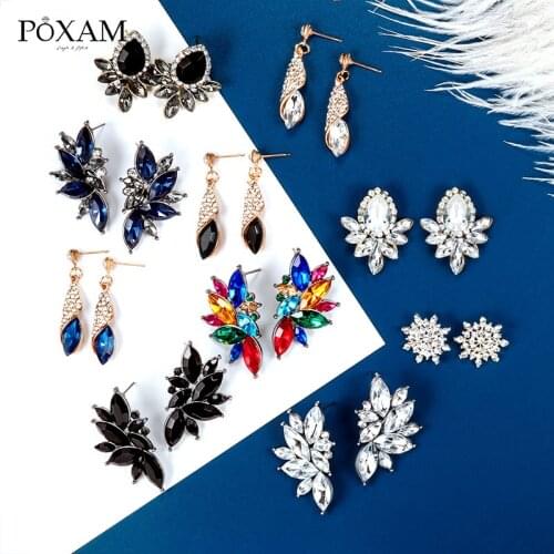 POXAM Korean Statement Black Crystal Earrings For Women Geometric AAA Zircon Hot Sell Stud Earrings 2019 Female Fashion Jewelry